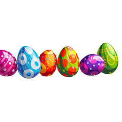 Easter Egg Parade: A delightful row of six colorful Easter eggs, each adorned with unique patterns and vibrant hues, stands ready for an egg hunt adventure.