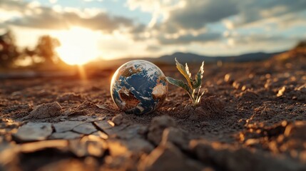 Poster - Small globe resting on the ground surrounded by grass and dirt in natural outdoor setting