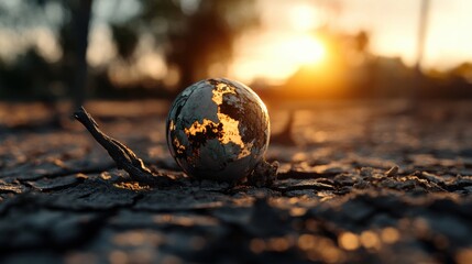 Poster - Small globe placed on the ground with grass and natural surroundings in a bright outdoor setting