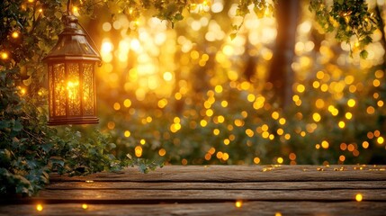 Wall Mural - Glowing lantern on wooden table, magical garden bokeh background.