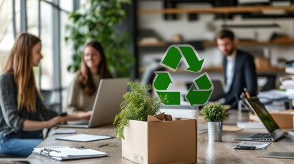 Poster - Group of people collaborating in an office environment with a visible recycling symbol for sustainability