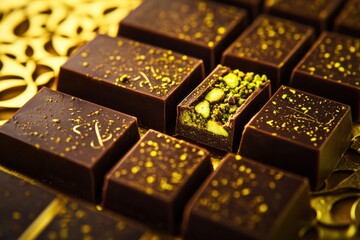 Poster - Delicious chocolate bar with rich pistachio paste filling presented on an elegant golden surface. Generative AI
