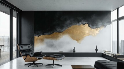 Wall Mural - Modern Minimalist Living Room Interior Design with Gold Accents