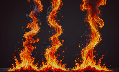 Poster - Three flames are shown in different sizes and positions, with one of them being the tallest. The flames are orange and appear to be coming from a fire. Concept of danger and destruction