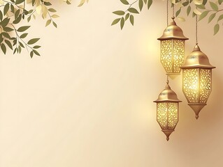 Wall Mural - Elegant Golden Lanterns Hanging with Green Leaves