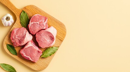 Wall Mural - Fresh raw meat cuts on wooden board with garlic and bay leaves against a soft background.