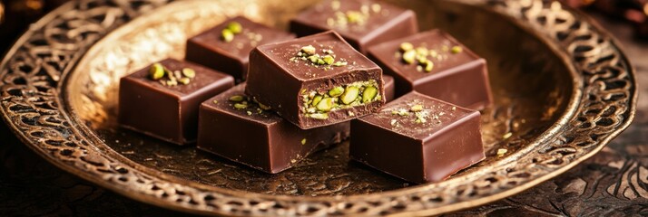 Poster - Luxurious chocolate squares with pistachio filling on an ornate golden plate with Arabic patterns. Generative AI