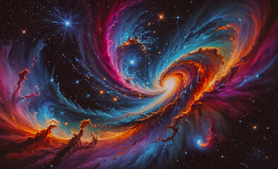 Poster - a colorful spiral galaxy with a bright star in the center. the colors are vibrant and the stars are 