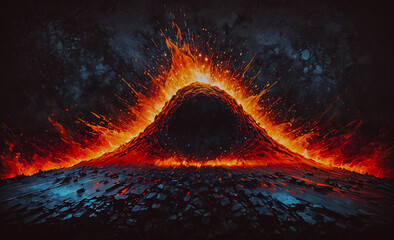 Poster - A fiery mountain with a hole in the middle. The mountain is surrounded by a black background. Concept of danger and destruction