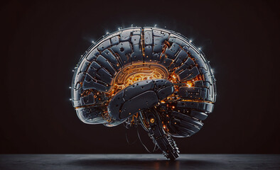 Poster - A brain made of metal and wires with a glowing light on it. The brain is surrounded by a dark background