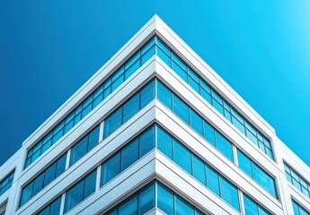 Poster - Modern Architecture with Sleek Glass Facade and Clear Blue Sky Captured from Unique Angle Showcases Urban Design and Contemporary Building Styles