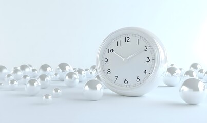 Wall Mural - White clock resting on shiny spheres.