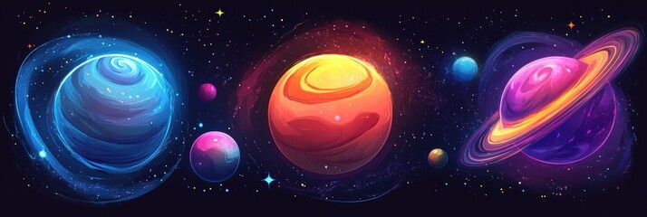 Poster - Colorful swirling galaxy showcasing vibrant nebula and bright celestial bodies in a cosmic landscape. Generative AI