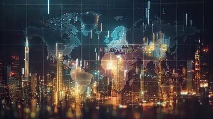 Poster - A digital map overlayed with cityscapes and data visualizations, representing global connectivity and modern technology.