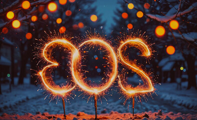 Poster - A group of three fireworks that spell out the number 203. The fireworks are lit up and are arranged in a way that they spell out the number. The image has a festive and celebratory mood