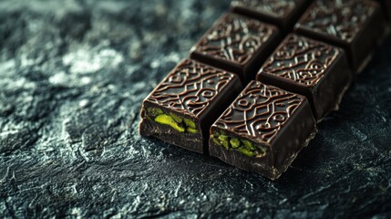 Poster - Luxurious chocolate with pistachio filling served on a golden plate adorned with traditional Arabic patterns at a festive celebration. Generative AI