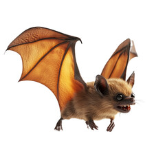 Poster - A digitally rendered image depicts a small, fluffy brown bat with large eyes in mid-flight against a white background.