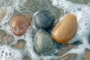 Fototapete - Colorful beach pebbles gently washed by soft ocean waves at a serene shoreline. Generative AI