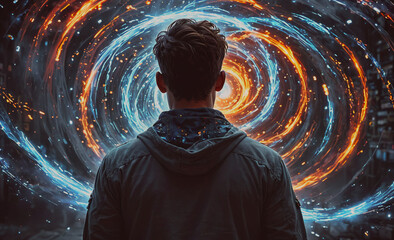 Poster - a man is standing in front of a swirling vortex of light. the man is wearing a black jacket and a ho