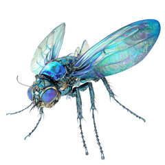 Poster - A digital rendering of a futuristic fly with iridescent blue wings and metallic body parts.