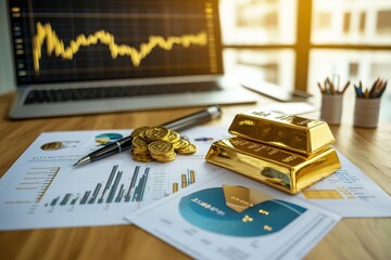 Poster - A workspace with financial documents, gold bars, and a laptop displaying a stock chart, symbolizing investment and wealth management.