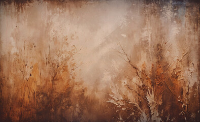 Aufkleber - A painting of trees with a brown background. The trees are in different sizes and are scattered throughout the painting. The overall mood of the painting is calm and peaceful, with the trees