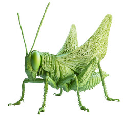 Poster - A detailed 3D rendering of a green grasshopper with an intricate, almost carved, design on its body.