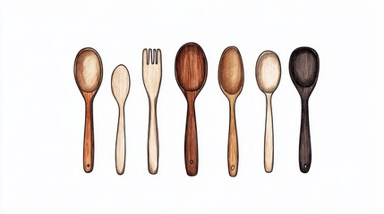 A collection of wooden kitchen utensils, including various types of spoons and a fork, displayed in a row showcasing their unique shapes and colors.