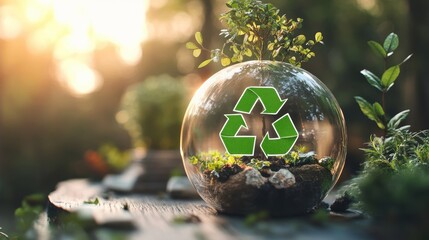 Poster - Glass ball containing green recycle symbol illustrating sustainability and environmental awareness concept