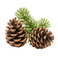 Isolated Two Pine Cones with Green Branch