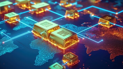 Poster - A glowing digital representation of gold bars interconnected on a global network, symbolizing finance, trade, and cryptocurrency.