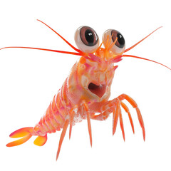 Aufkleber - A digitally rendered cartoon shrimp with exaggerated eyes and features appears to leap forward against a white background.