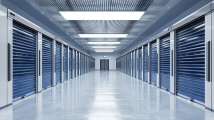 Blue storage doors line the walls of a supermarket corridor.
