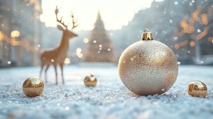 Poster - Golden Christmas bauble on snow with reindeer and tree.