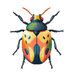 Poster - The image showcases a detailed illustration of a brightly colored beetle with a predominantly orange and yellow body and teal and black markings.