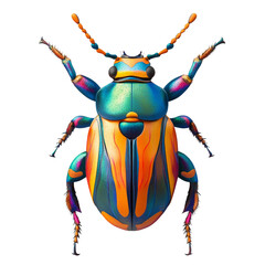 Poster - A detailed close up image showcases a brilliantly colored beetle with iridescent blue, green, orange and purple hues.