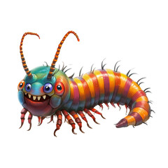 Aufkleber - A digitally painted illustration depicts a cheerful cartoon centipede with vibrant stripes and large, expressive eyes.