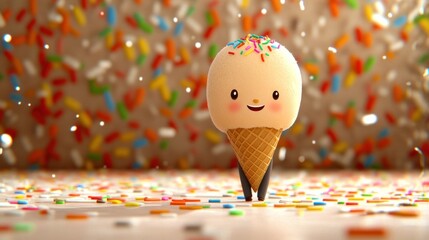 Poster - Cute ice cream cone character standing on sprinkles.