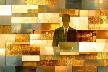 Poster - A stylized silhouette of a businessman stands before a mosaic of golden, abstract panels, symbolizing innovation and digital technology.