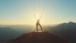 © Alina Young - woman practicing yoga on a sunlit mountaintop, with the sun rays softly highlighting her silhouette, giving a serene, calm feel
