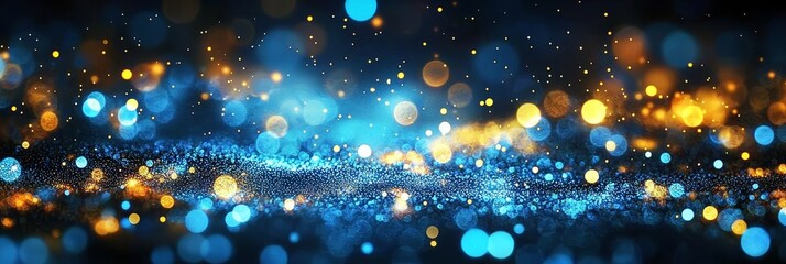 Abstract bokeh background featuring blue and gold glitter.