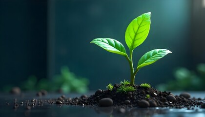 Poster - A futuristic tech-inspired plant with metallic stems and glowing leaves, symbolizing innovation and growth, set against a sleek, modern background