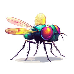 Poster - A detailed digital illustration depicts a vibrant iridescent fly with large multifaceted eyes and translucent wings.