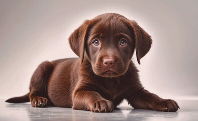 Poster - A brown puppy is laying on the ground with its eyes closed. The puppy appears to be relaxed and content