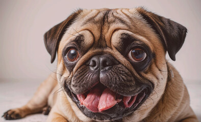 Poster - A pug dog is laying on the ground with its tongue out and its mouth open. The dog has a big smile on its face and he is happy