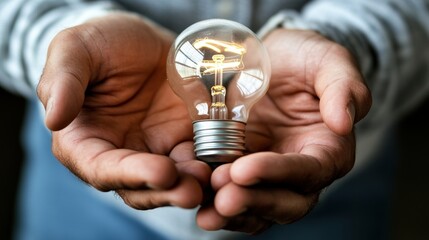 Poster - Person holding a glowing light bulb in their hands showcasing creativity and innovation concept