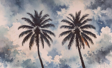 Fototapete - Two palm trees are silhouetted against a cloudy sky. The sky is a mix of blue and gray, with some white clouds scattered throughout. The trees are tall and slender, with their trunks reaching up