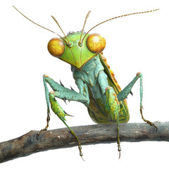 Poster - A vibrant green praying mantis with striking yellow eyes is perched on a dark grey branch against a muted background.