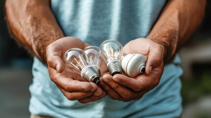 Poster - Man holding two light bulbs in his hands with focus on energy and innovation concepts