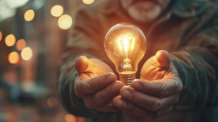 Poster - Person holding a light bulb in their hands symbolizing ideas and innovation